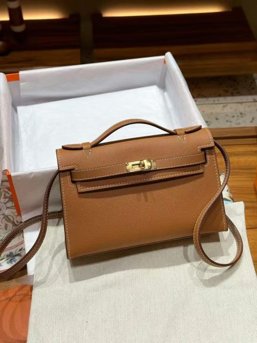2025-009-BN (1) Brown Gold Handmade grainy leather bag