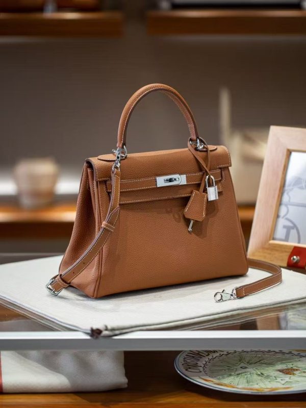 2025-021-BN (1) Luxury Handmade leather handbg-28CM-Silver Brown