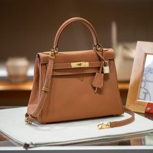 Luxury Handmade leather handbg-28CM-Gold  Brown