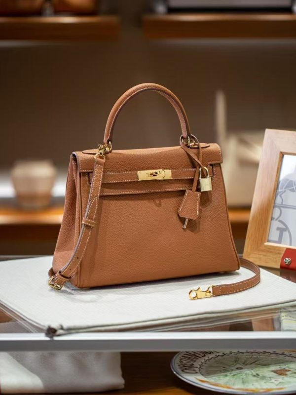 2025-021-BN (4) Luxury Handmade leather handbg-28CM-Gold Brown