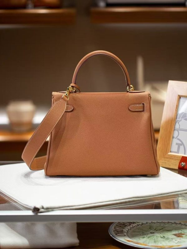 2025-021-BN (5) Luxury Handmade leather handbg-28CM-Gold Brown