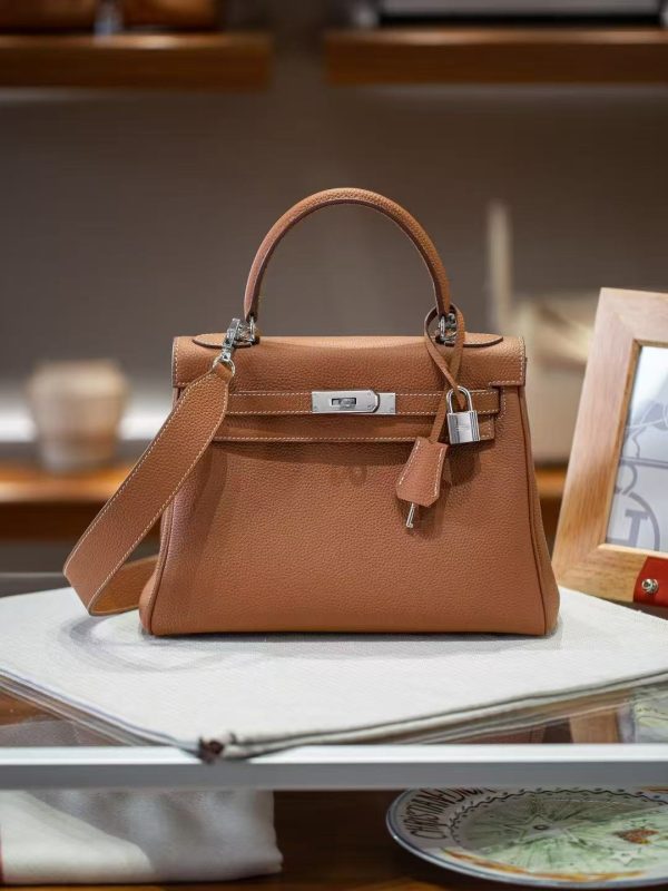 2025-021-BN (6) Luxury Handmade leather handbg-28CM-Silver Brown