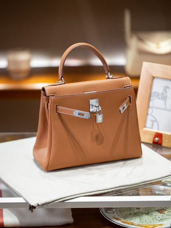 2025-021-BN (8) Luxury Handmade leather handbg-28CM-Silver Brown