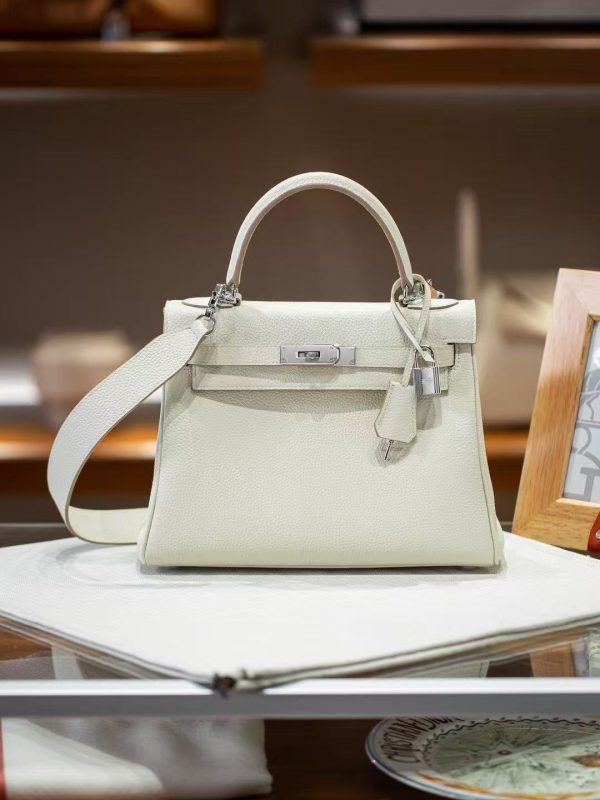 2025-022-W (2) Luxury Handmade leather handbg-28CM-Silver White