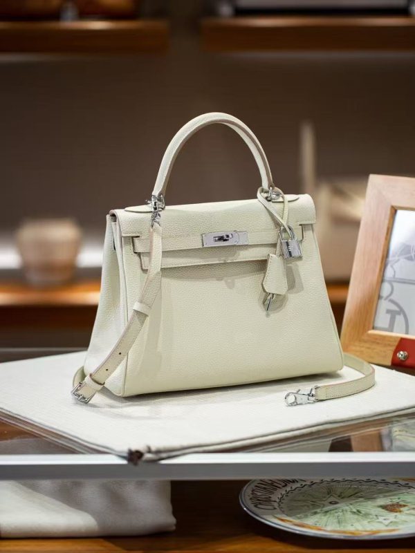 2025-022-W (3) Luxury Handmade leather handbg-28CM-Silver White