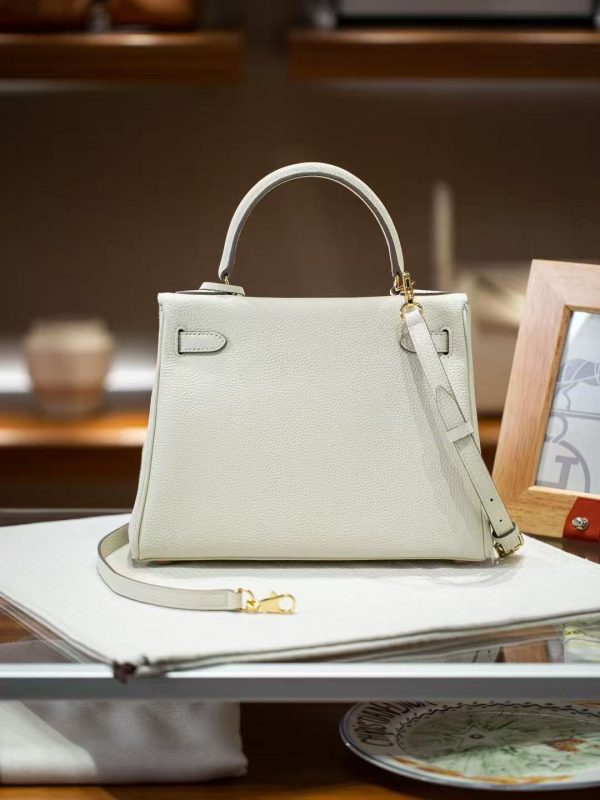 2025-022W (1) Luxury Handmade leather handbg-28CM-Gold White