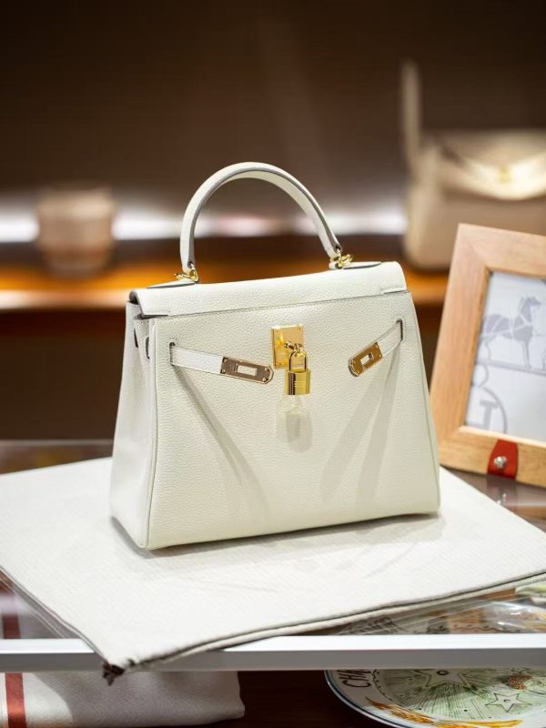 2025-022W (2) Luxury Handmade leather handbg-28CM-Gold White