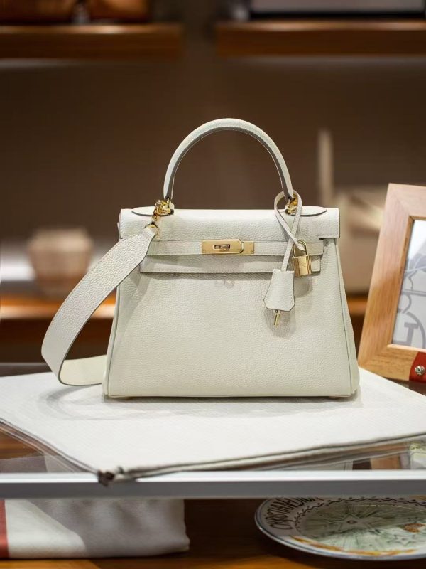 2025-022W (6) Luxury Handmade leather handbg-28CM-Gold White