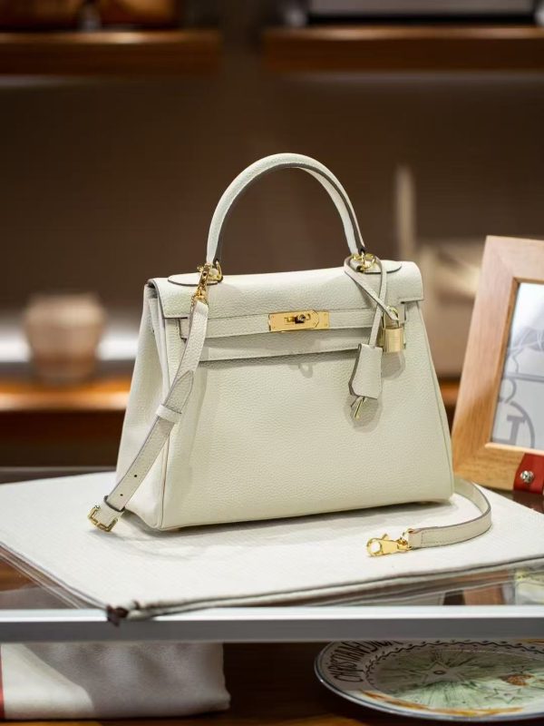 2025-022W (7) Luxury Handmade leather handbg-28CM-Gold White