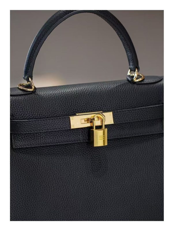 Luxury Handmade  leather handbg-28CM-Gold Black