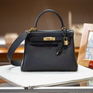 Luxury Handmade  leather handbg-28CM-Gold Black