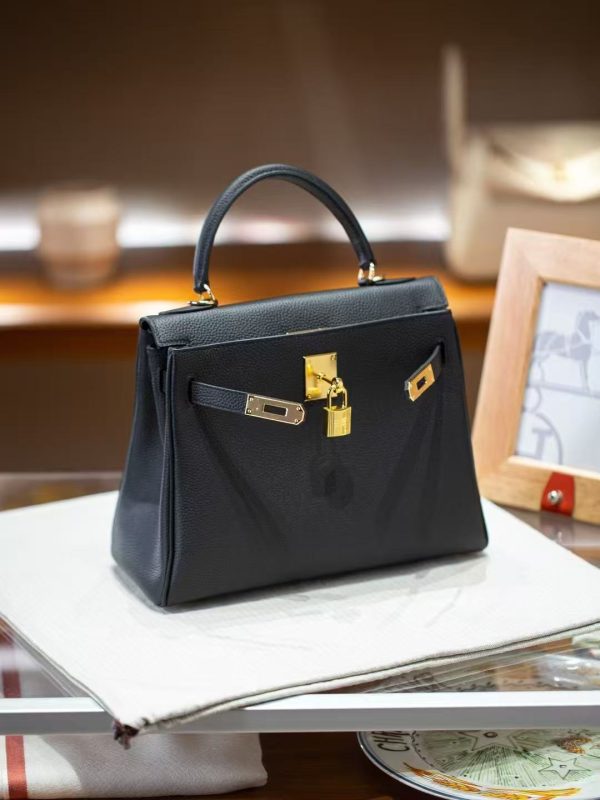 Luxury Handmade  leather handbg-28CM-Gold Black