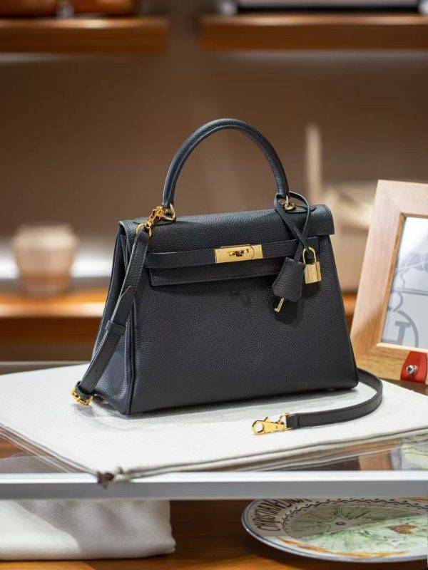 Luxury Handmade  leather handbg-28CM-Gold Black