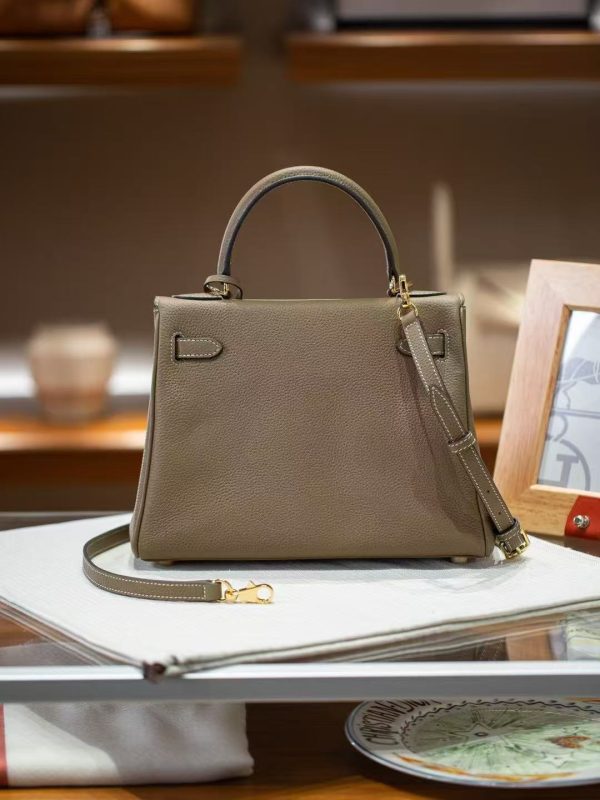 2025-024-GY (1) Luxury Handmade leather handbg-28CM-Gold Gray