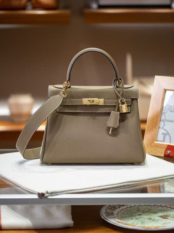 2025-024-GY (6) Luxury Handmade leather handbg-28CM-Gold Gray