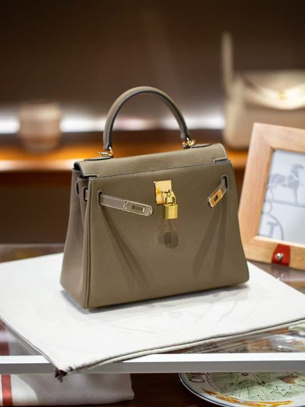 2025-024-GY (7) Luxury Handmade leather handbg-28CM-Gold Gray